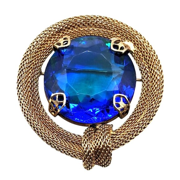 Vintage Rhinestone Jewelry Set Brooch Earrings Givre' or Sabrina Blue Green Glas - Picture 3 of 12